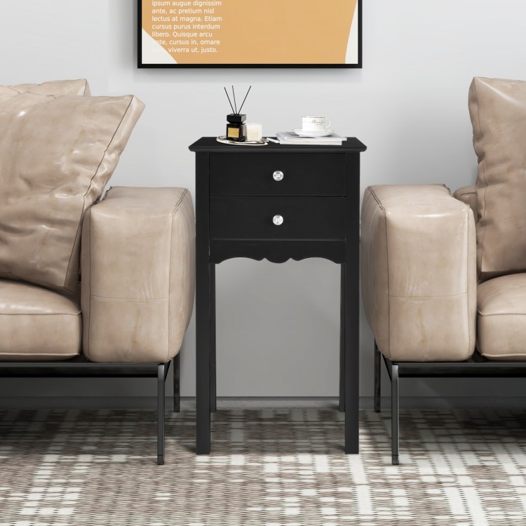 Black vintage side end table featuring two storage drawers and elegant metal handles, perfect for living rooms or.